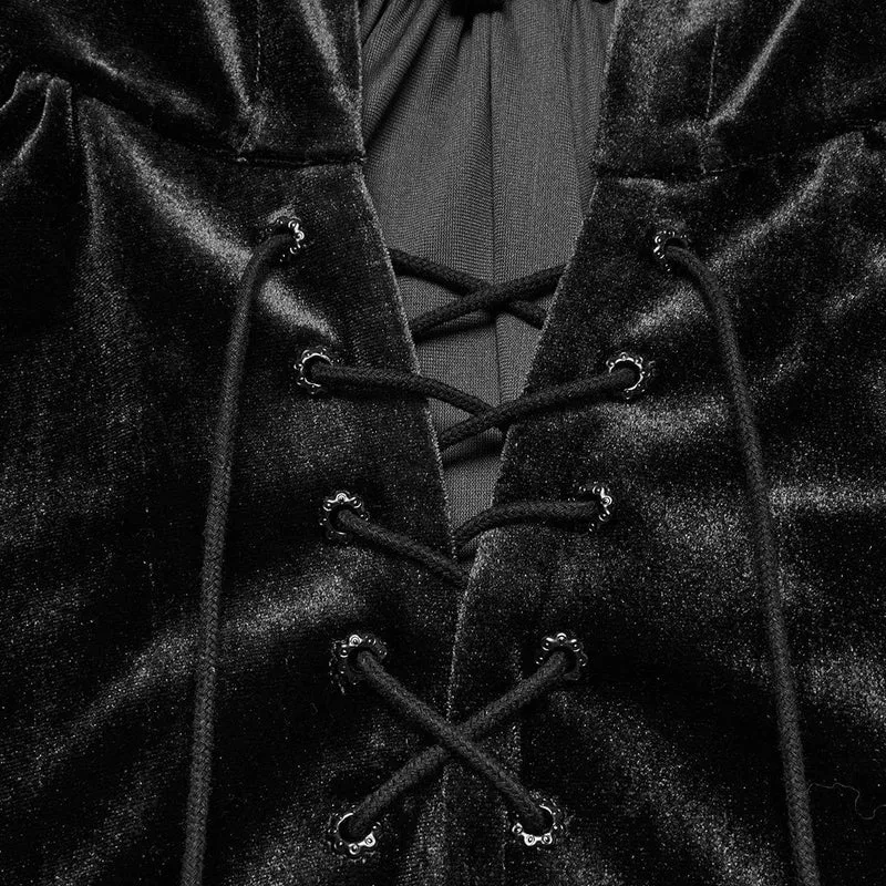 Gothic-Cape mit Schnürung und Kapuze aus Samt für Damen, Schwarz