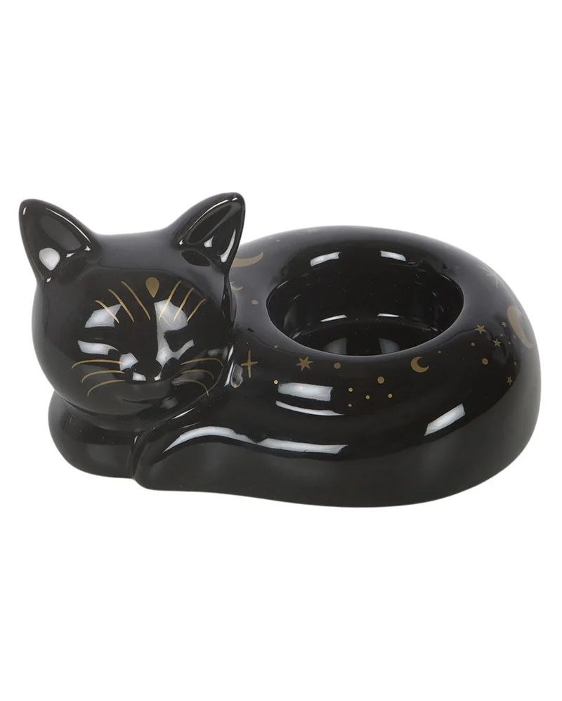 Schlafende, Schwarze Katze Teelichthalter 12cm