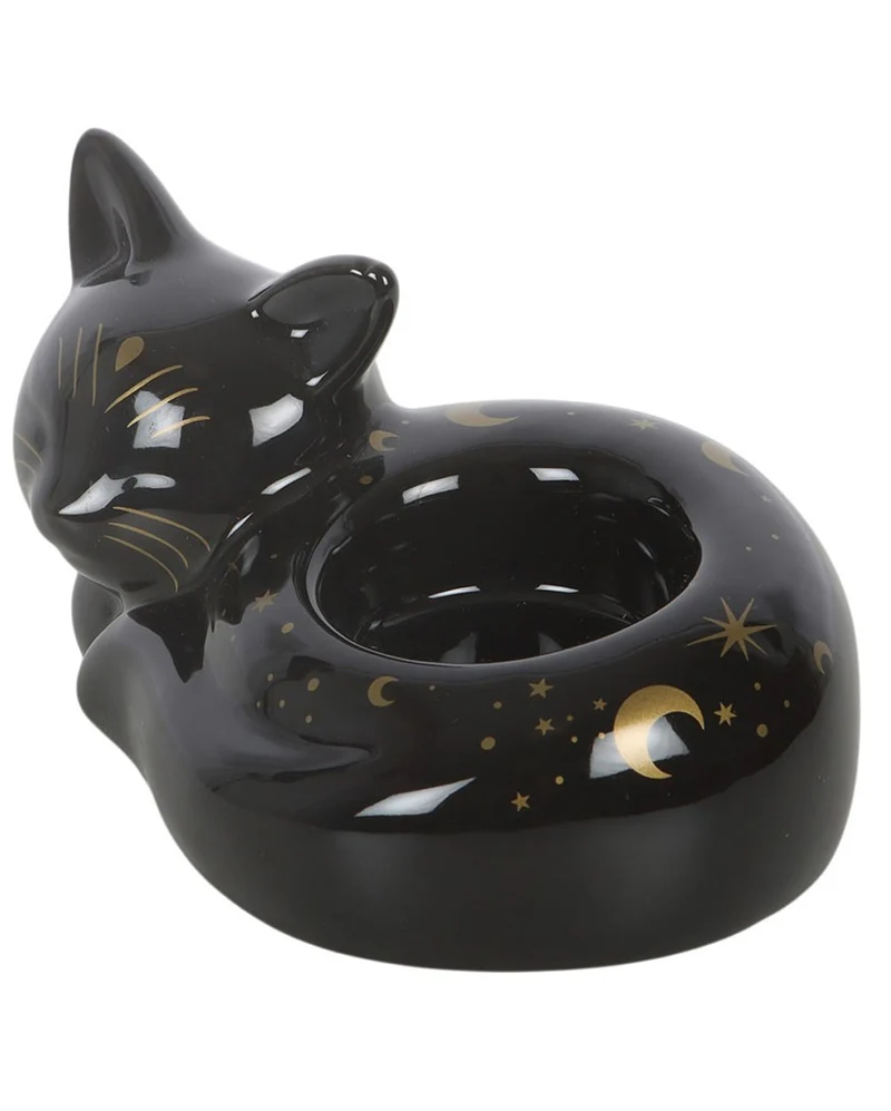 Schlafende, Schwarze Katze Teelichthalter 12cm