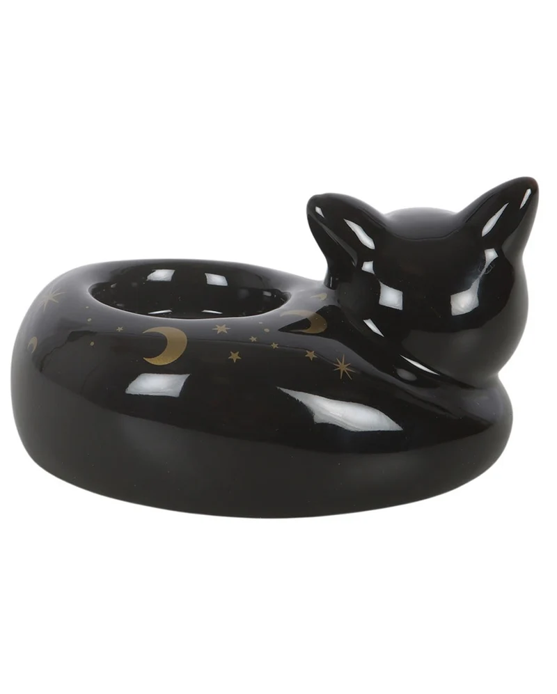 Schlafende, Schwarze Katze Teelichthalter 12cm