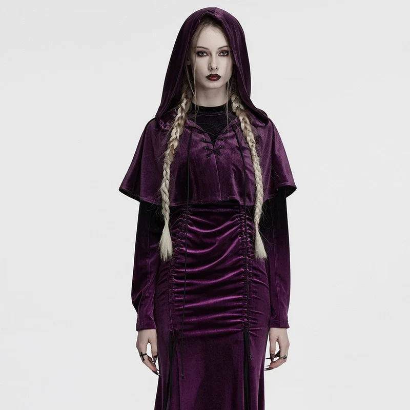 Gothic-Umhang mit Schnürung und Kapuze aus Samt für Damen, Lila