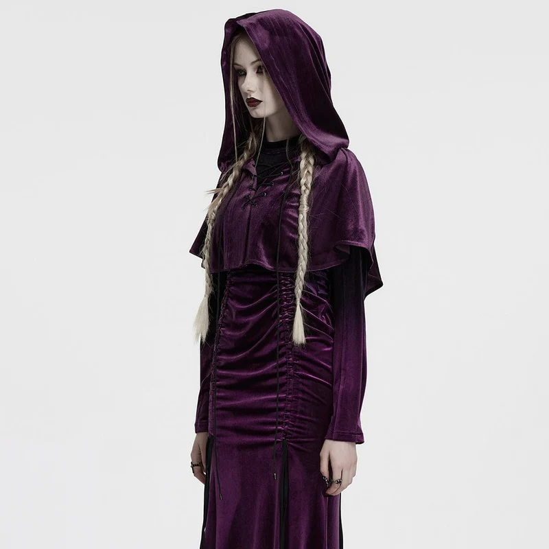 Gothic-Umhang mit Schnürung und Kapuze aus Samt für Damen, Lila
