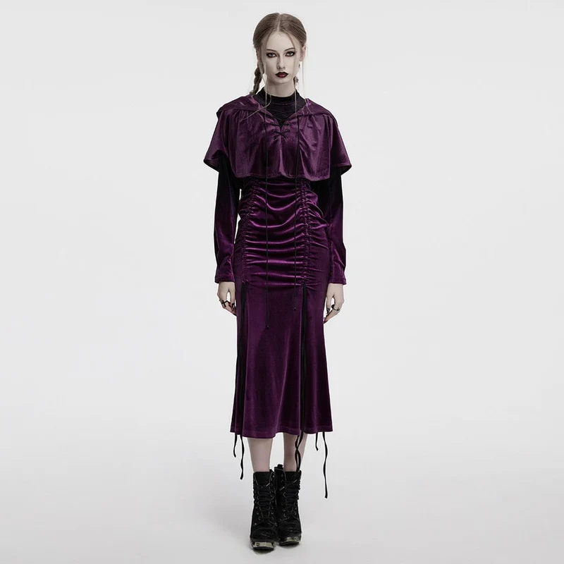 Gothic-Umhang mit Schnürung und Kapuze aus Samt für Damen, Lila