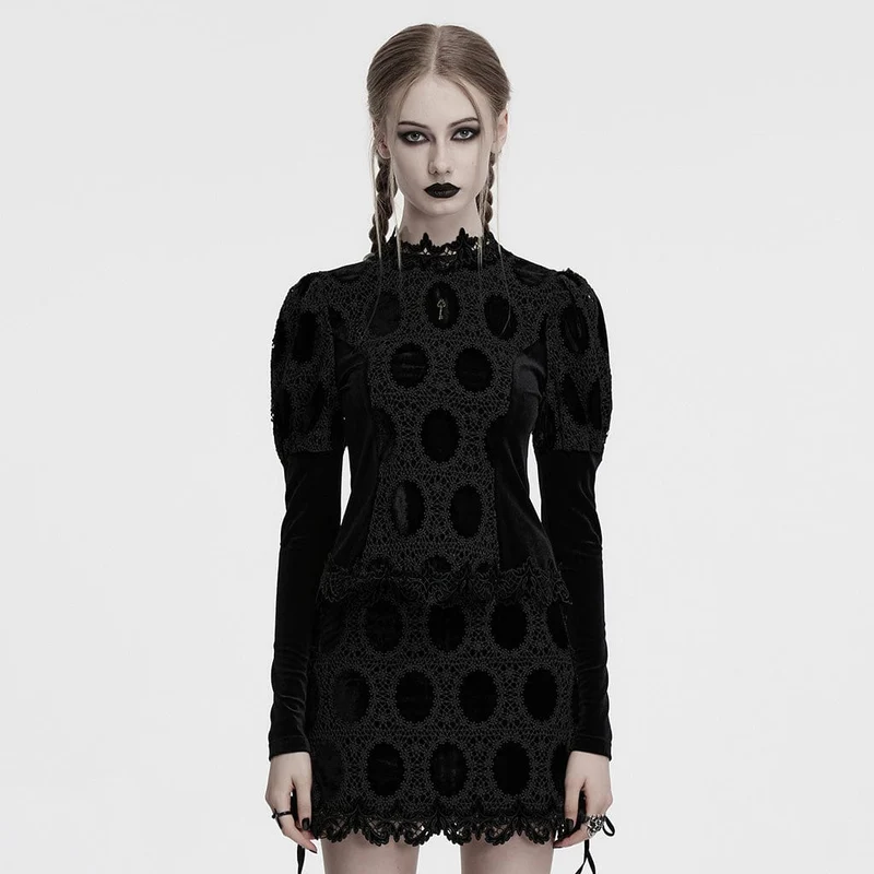 Gothic-Samthemd mit Puffärmeln und Blumenstickerei für Damen, Schwarz