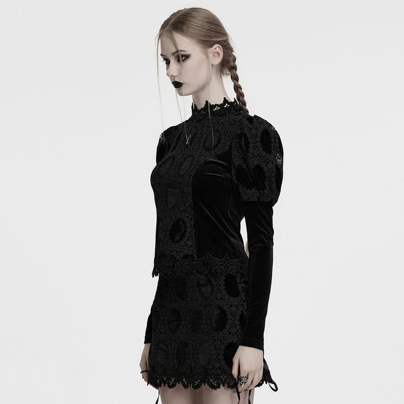 Gothic-Samthemd mit Puffärmeln und Blumenstickerei für Damen, Schwarz