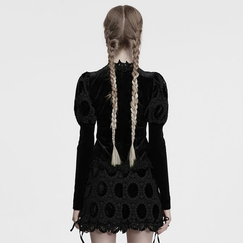 Gothic-Samthemd mit Puffärmeln und Blumenstickerei für Damen, Schwarz