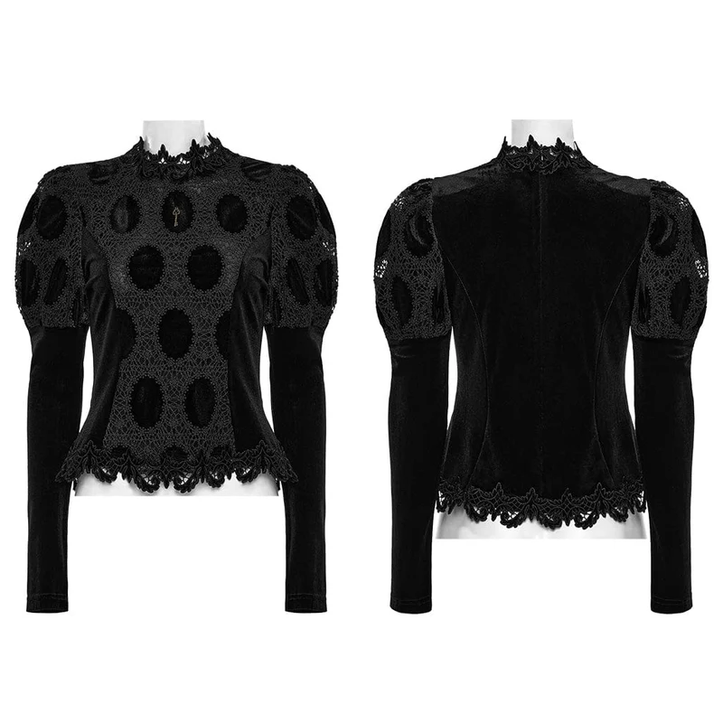 Gothic-Samthemd mit Puffärmeln und Blumenstickerei für Damen, Schwarz