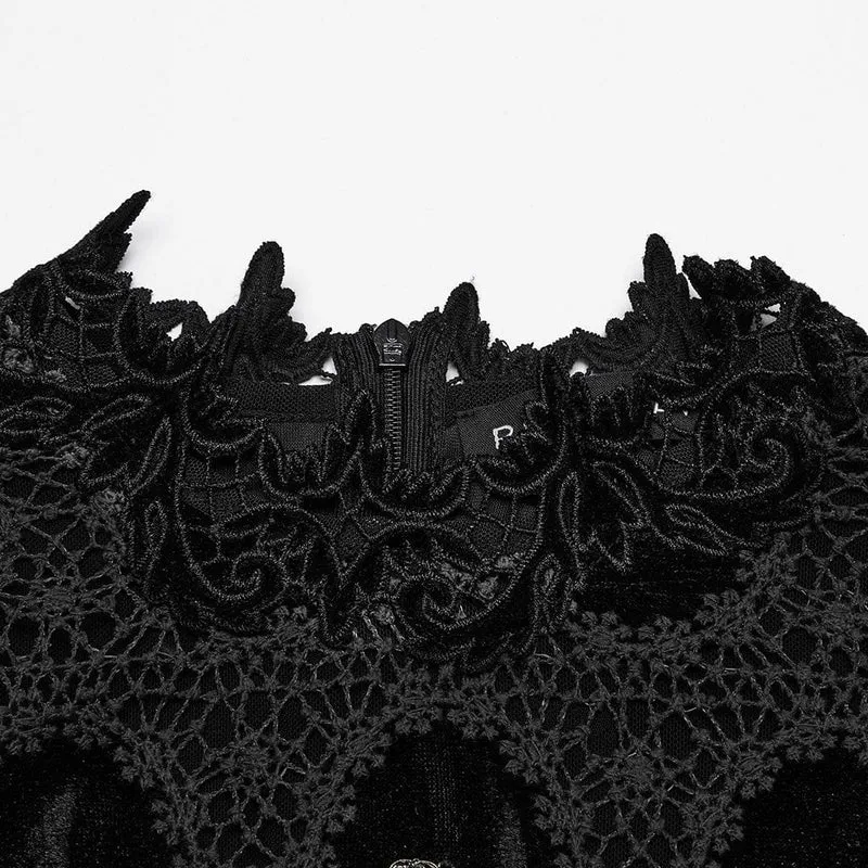 Gothic-Samthemd mit Puffärmeln und Blumenstickerei für Damen, Schwarz