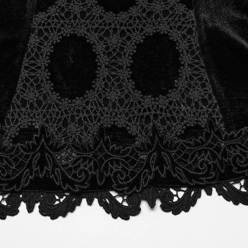 Gothic-Samthemd mit Puffärmeln und Blumenstickerei für Damen, Schwarz