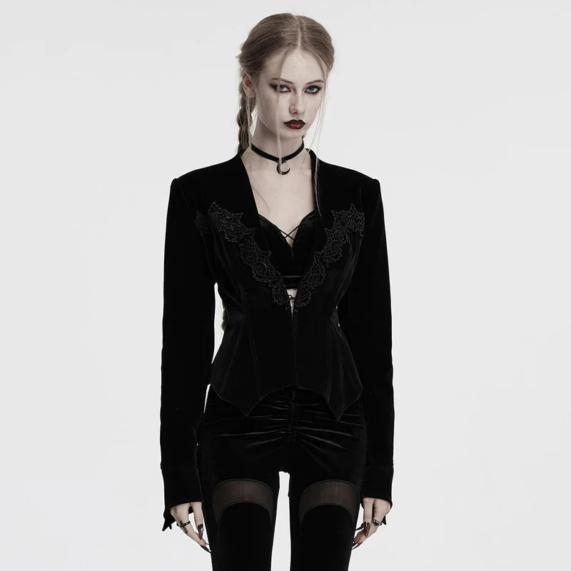 Gothic-Samtjacke mit Blumenstickerei und Schnürung für Damen, Schwarz