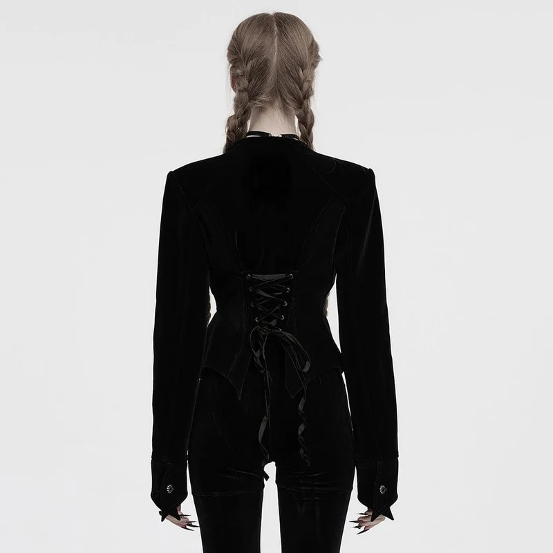 Gothic-Samtjacke mit Blumenstickerei und Schnürung für Damen, Schwarz
