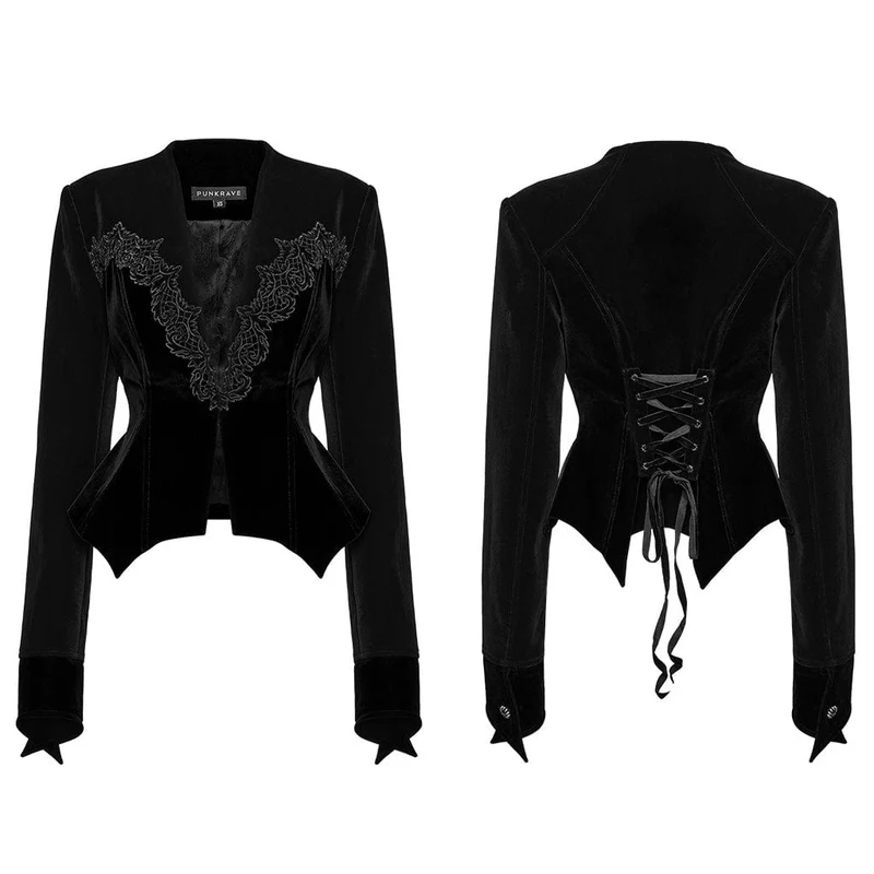 Gothic-Samtjacke mit Blumenstickerei und Schnürung für Damen, Schwarz