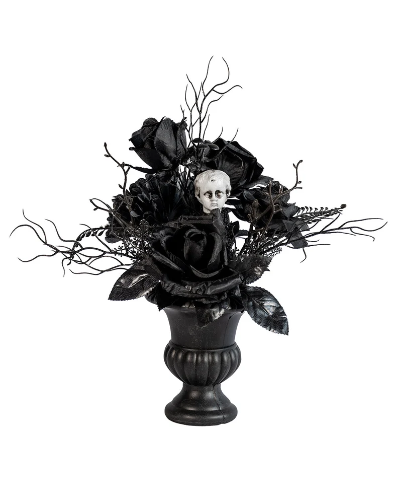 Gothic Vase mit Schwarzen Rosen & Antikem Puttenkopf 31cm