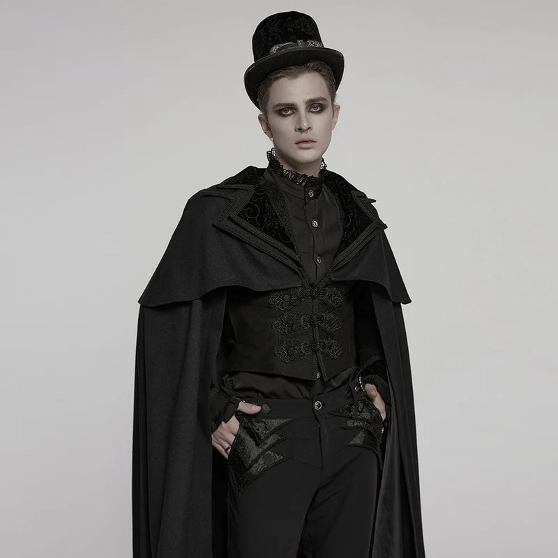Gothic-Herrenmantel mit Stehkragen und Frosch-Hexenmotiv