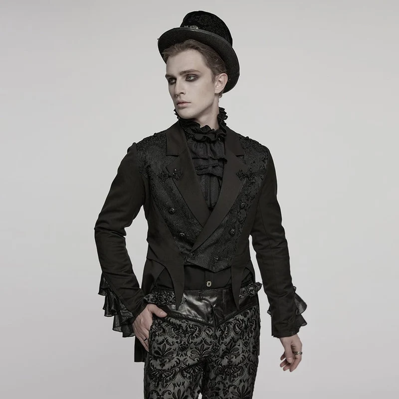 Herrenmantel mit Gothic-Reverskragen und Frosch-Jacquardmuster