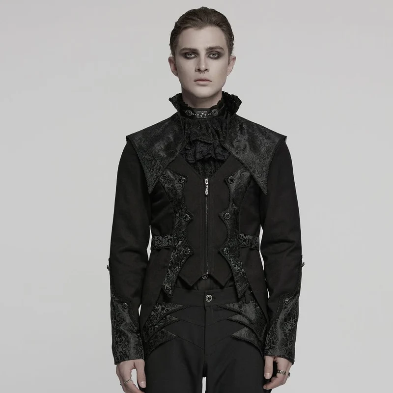 Gothic-Herrenmantel mit Stehkragen und Jacquard-Splice-Schwalbenschwanz