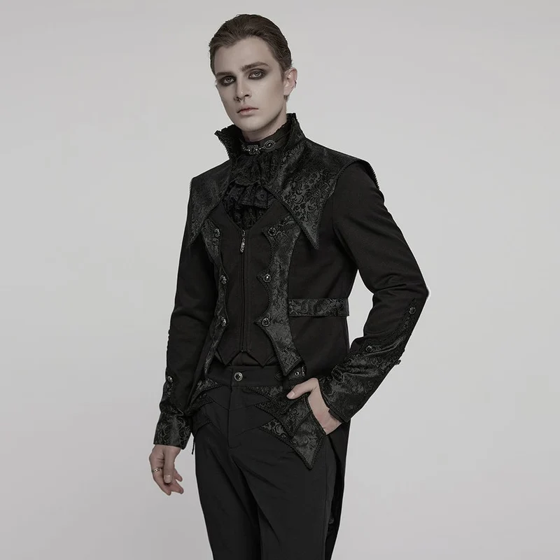 Gothic-Herrenmantel mit Stehkragen und Jacquard-Splice-Schwalbenschwanz