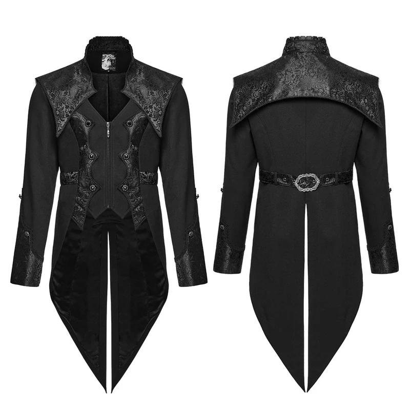 Gothic-Herrenmantel mit Stehkragen und Jacquard-Splice-Schwalbenschwanz