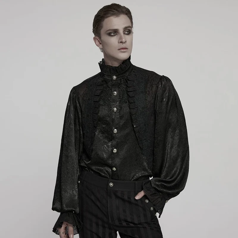 Gothic-Hemd mit Puffärmeln und Rosen-Rüschen für Herren, Schwarz