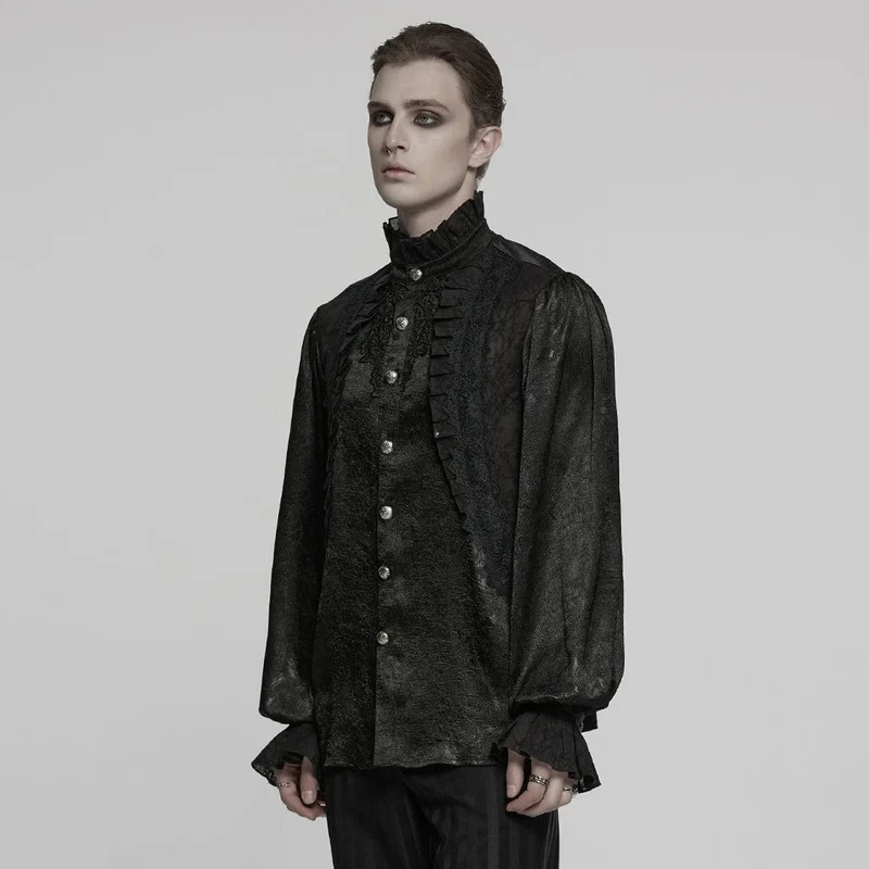 Gothic-Hemd mit Puffärmeln und Rosen-Rüschen für Herren, Schwarz