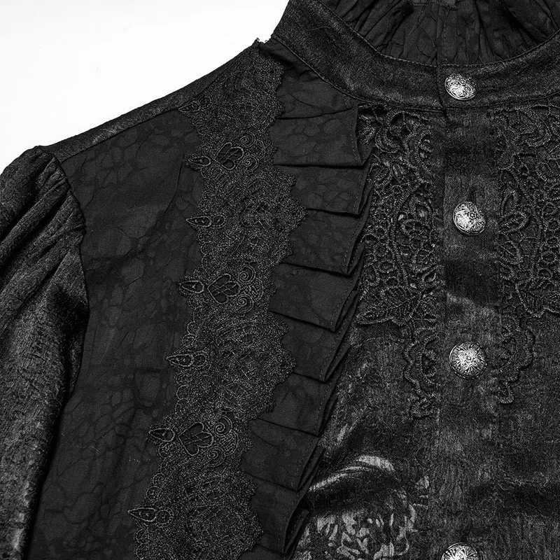 Gothic-Hemd mit Puffärmeln und Rosen-Rüschen für Herren, Schwarz