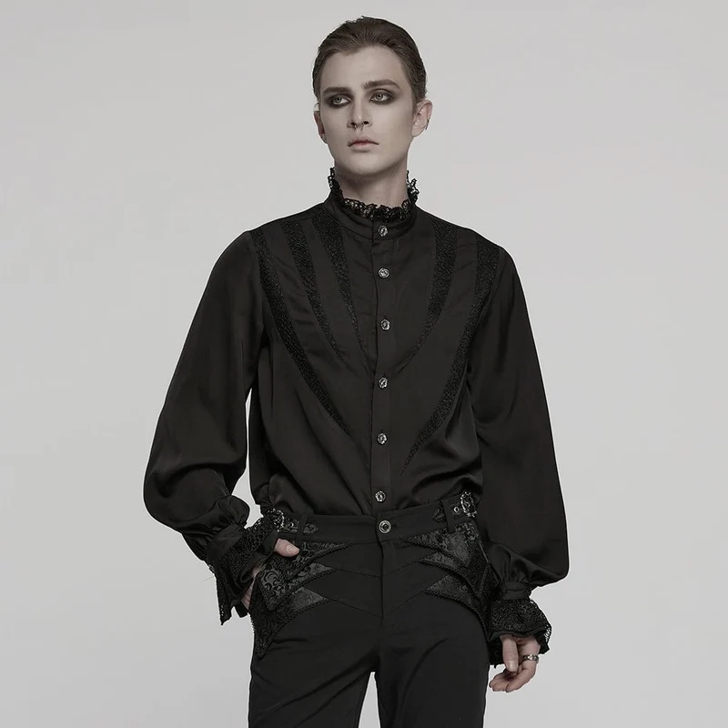 Gothic-Chiffonhemd mit Puffärmeln und Spitze für Herren, Schwarz