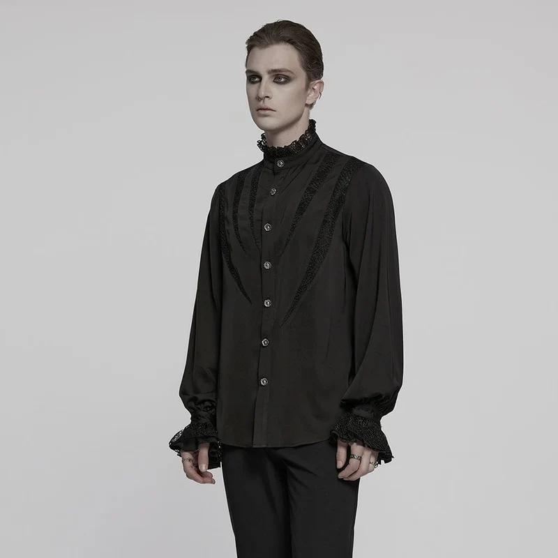 Gothic-Chiffonhemd mit Puffärmeln und Spitze für Herren, Schwarz