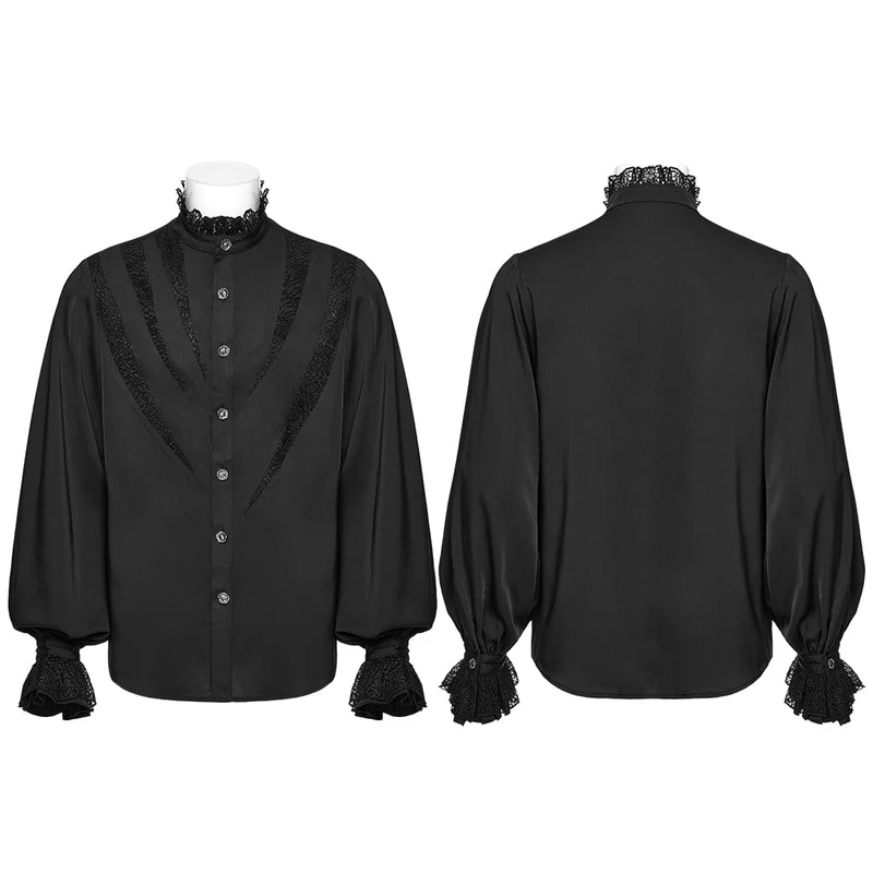 Gothic-Chiffonhemd mit Puffärmeln und Spitze für Herren, Schwarz