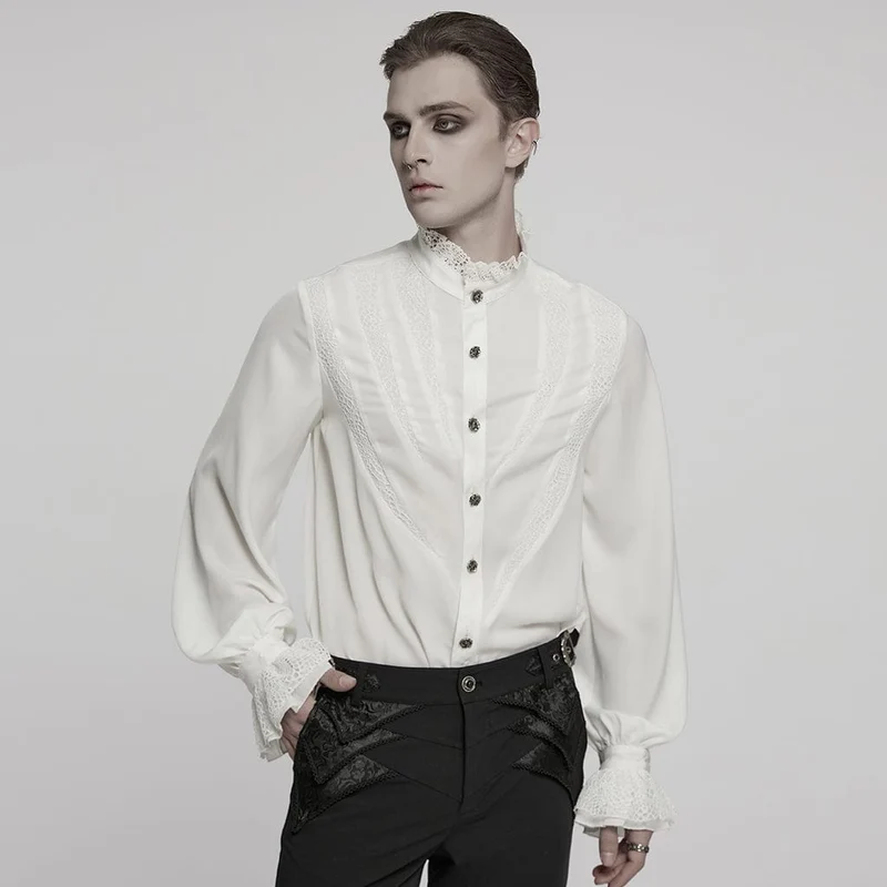 Herren Gothic Chiffonhemd mit Puffärmeln und Spitze, Weiß