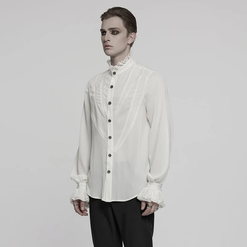 Herren Gothic Chiffonhemd mit Puffärmeln und Spitze, Weiß