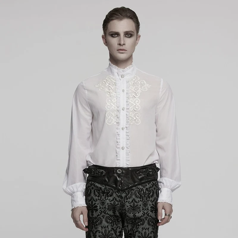 Herren Gothic Rüschen Stehkragen Besticktes Transparentes Hemd Weiß