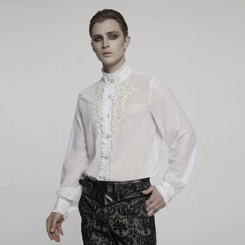 Herren Gothic Rüschen Stehkragen Besticktes Transparentes Hemd Weiß