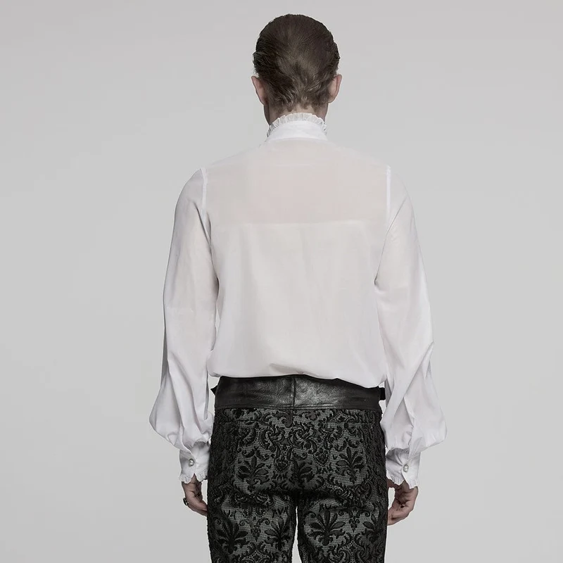 Herren Gothic Rüschen Stehkragen Besticktes Transparentes Hemd Weiß