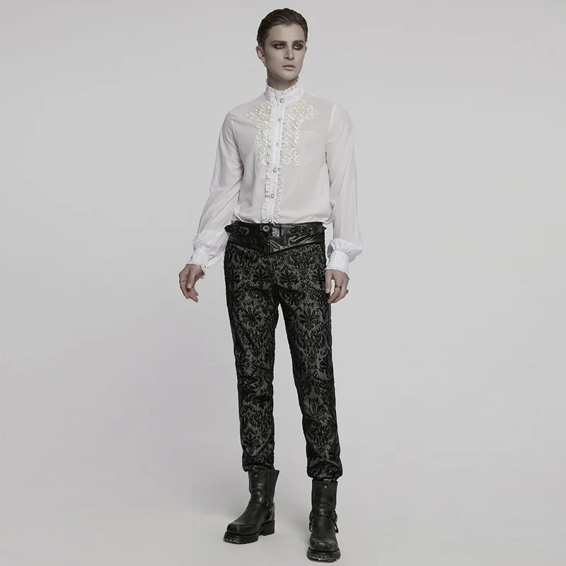 Herren Gothic Rüschen Stehkragen Besticktes Transparentes Hemd Weiß