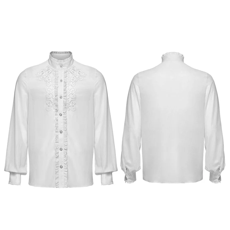 Herren Gothic Rüschen Stehkragen Besticktes Transparentes Hemd Weiß