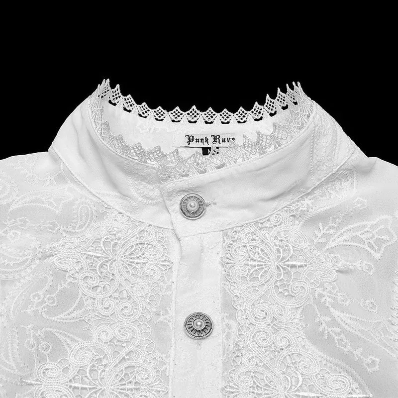 Herren Gothic Rüschen Stehkragen Besticktes Transparentes Hemd Weiß