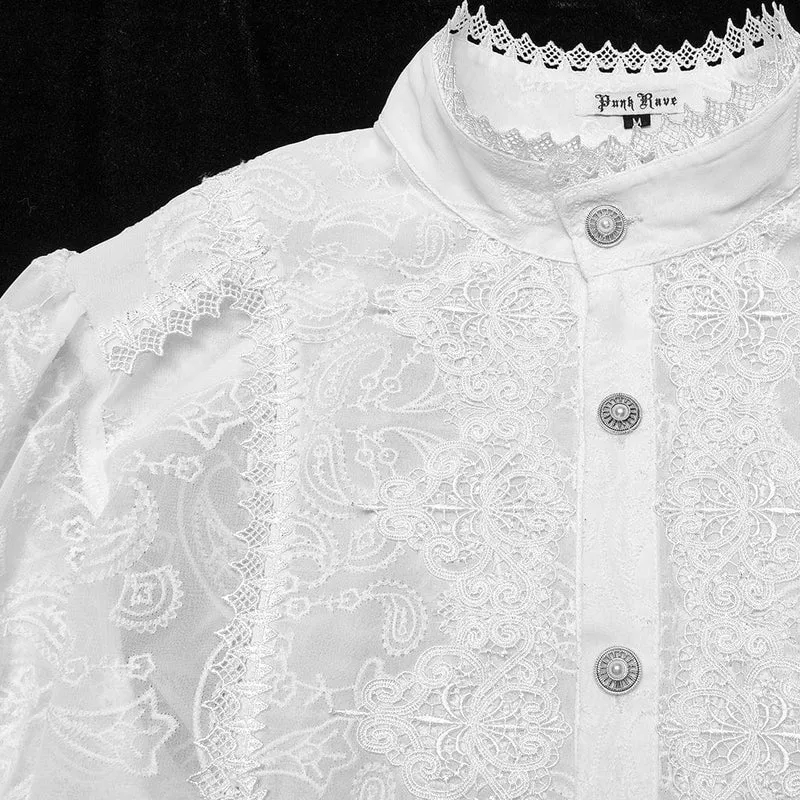 Herren Gothic Rüschen Stehkragen Besticktes Transparentes Hemd Weiß
