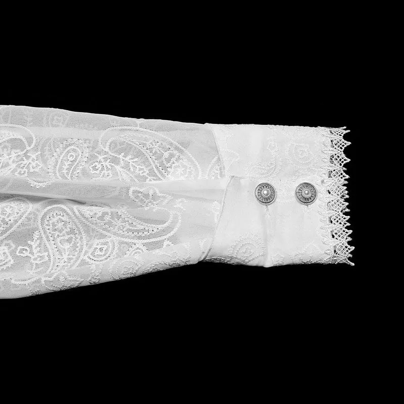 Herren Gothic Rüschen Stehkragen Besticktes Transparentes Hemd Weiß