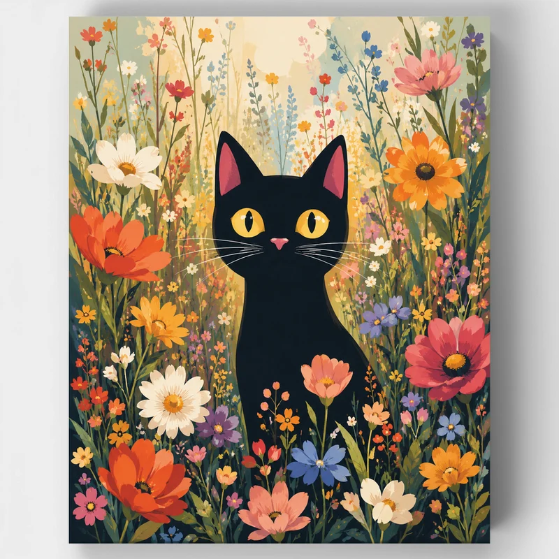 Black Cat in Wildflowers - Paint by Numbers Kit
