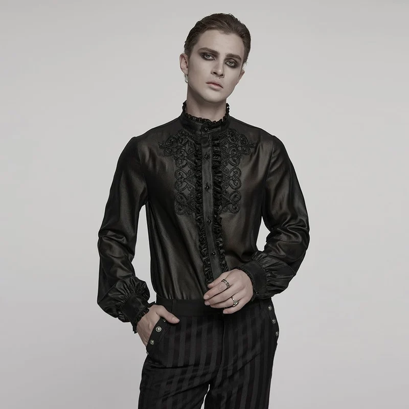 Herren Gothic Rüschen Stehkragen Besticktes Transparentes Hemd Schwarz