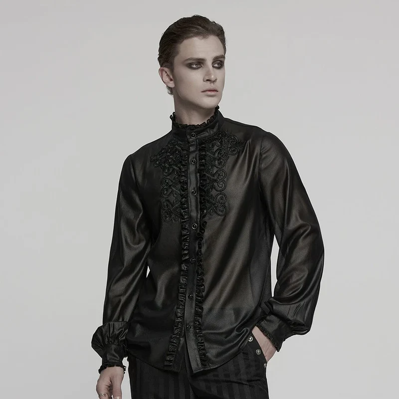 Herren Gothic Rüschen Stehkragen Besticktes Transparentes Hemd Schwarz