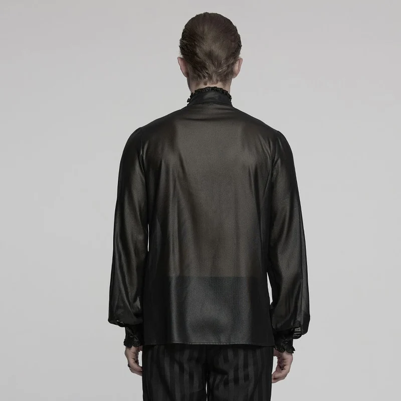 Herren Gothic Rüschen Stehkragen Besticktes Transparentes Hemd Schwarz