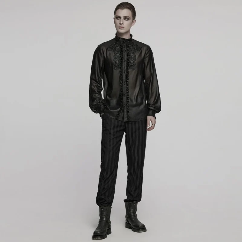 Herren Gothic Rüschen Stehkragen Besticktes Transparentes Hemd Schwarz
