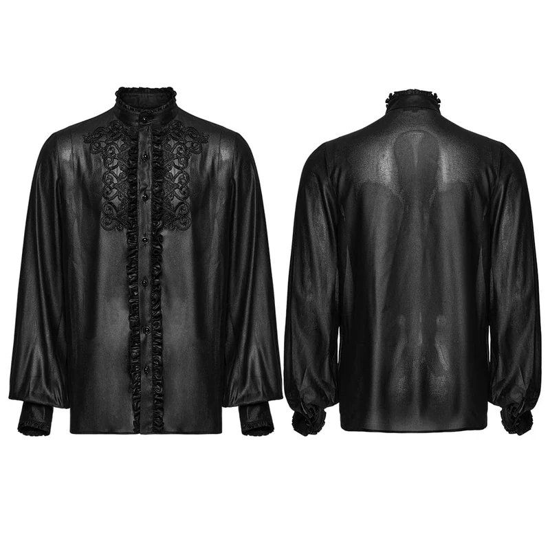Herren Gothic Rüschen Stehkragen Besticktes Transparentes Hemd Schwarz