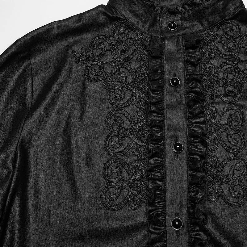 Herren Gothic Rüschen Stehkragen Besticktes Transparentes Hemd Schwarz
