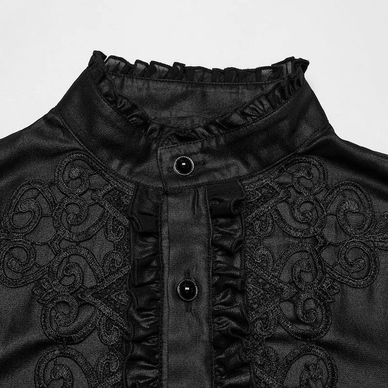 Herren Gothic Rüschen Stehkragen Besticktes Transparentes Hemd Schwarz