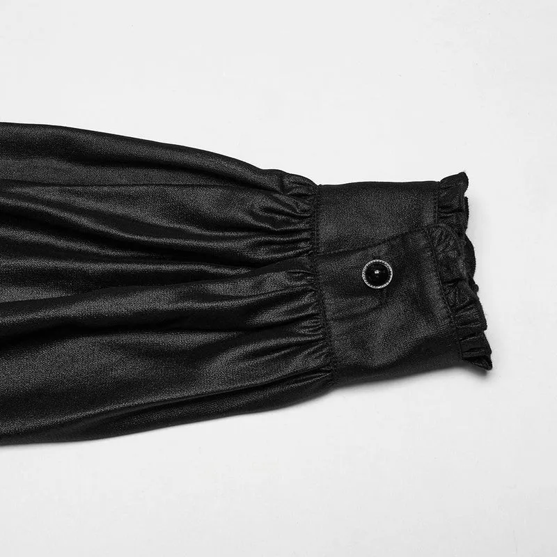 Herren Gothic Rüschen Stehkragen Besticktes Transparentes Hemd Schwarz