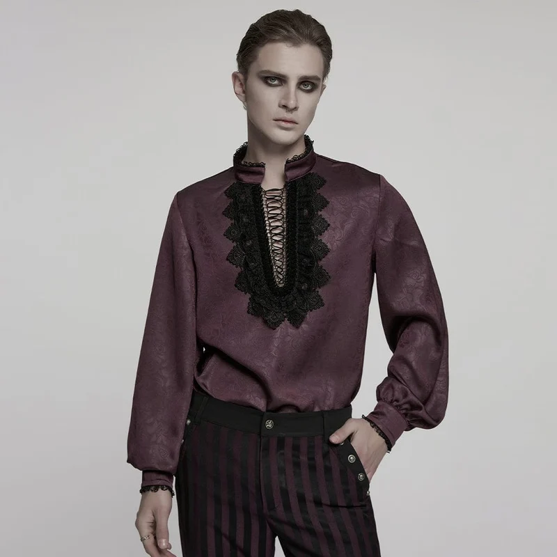 Herren Gothic Stehkragen Tiefer Rosen Hemd Rot