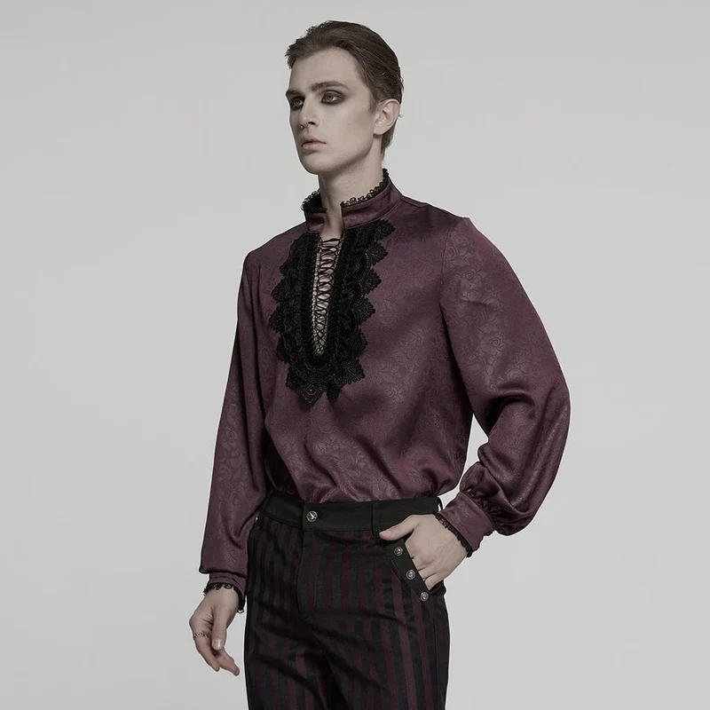 Herren Gothic Stehkragen Tiefer Rosen Hemd Rot