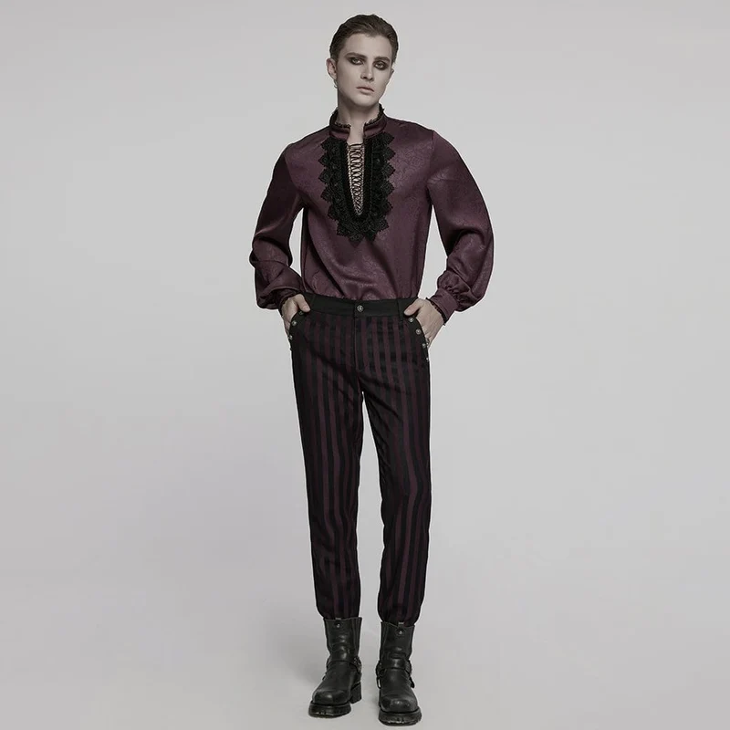 Herren Gothic Stehkragen Tiefer Rosen Hemd Rot